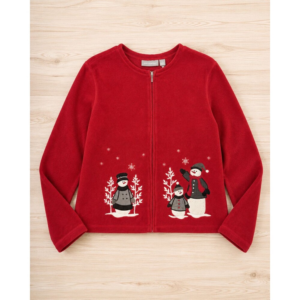 Croft & Barrow Womens L Red Fleece Snowman Christmas Zip Jacket Holiday